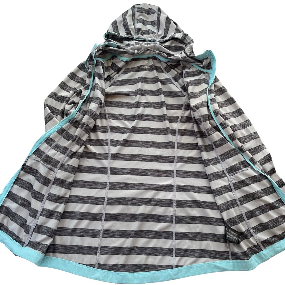 Lukka Women's L Grey Turquoise Striped Full Zip Thumbholes Active Hoodie Sporty - Picture 11 of 16